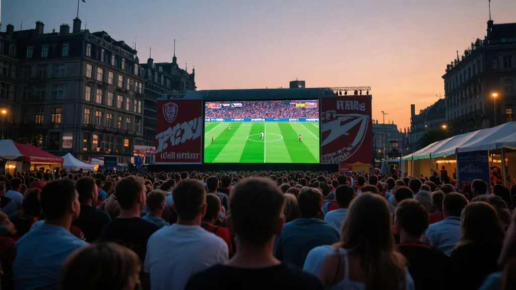 球迷在城市球迷区观看比赛的大屏，象征赛中转化与商业联动