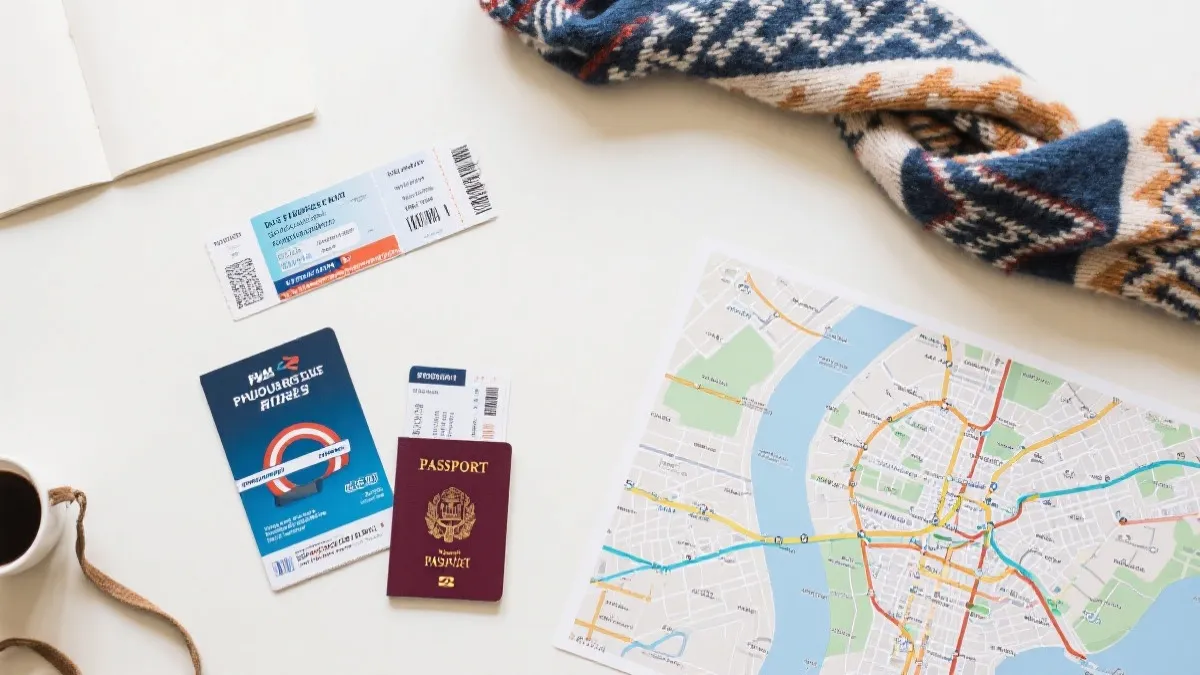 球迷手握城市地铁线路图与比赛门票，规划跨城追赛路线的旅行平铺场景