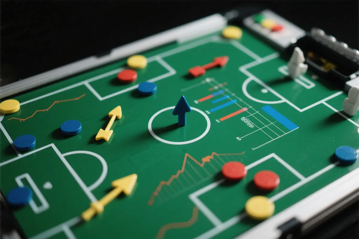 Tactical soccer board with statistics and graphs